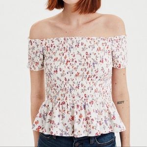 AE off the shoulder smocked peplum floral top
